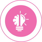 Brain-lightbulb icon on pink background.