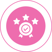 Pink badge with stars and checkmark.