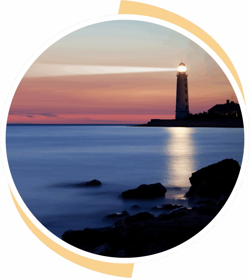 Lighthouse at sunset reflecting on calm ocean waters.