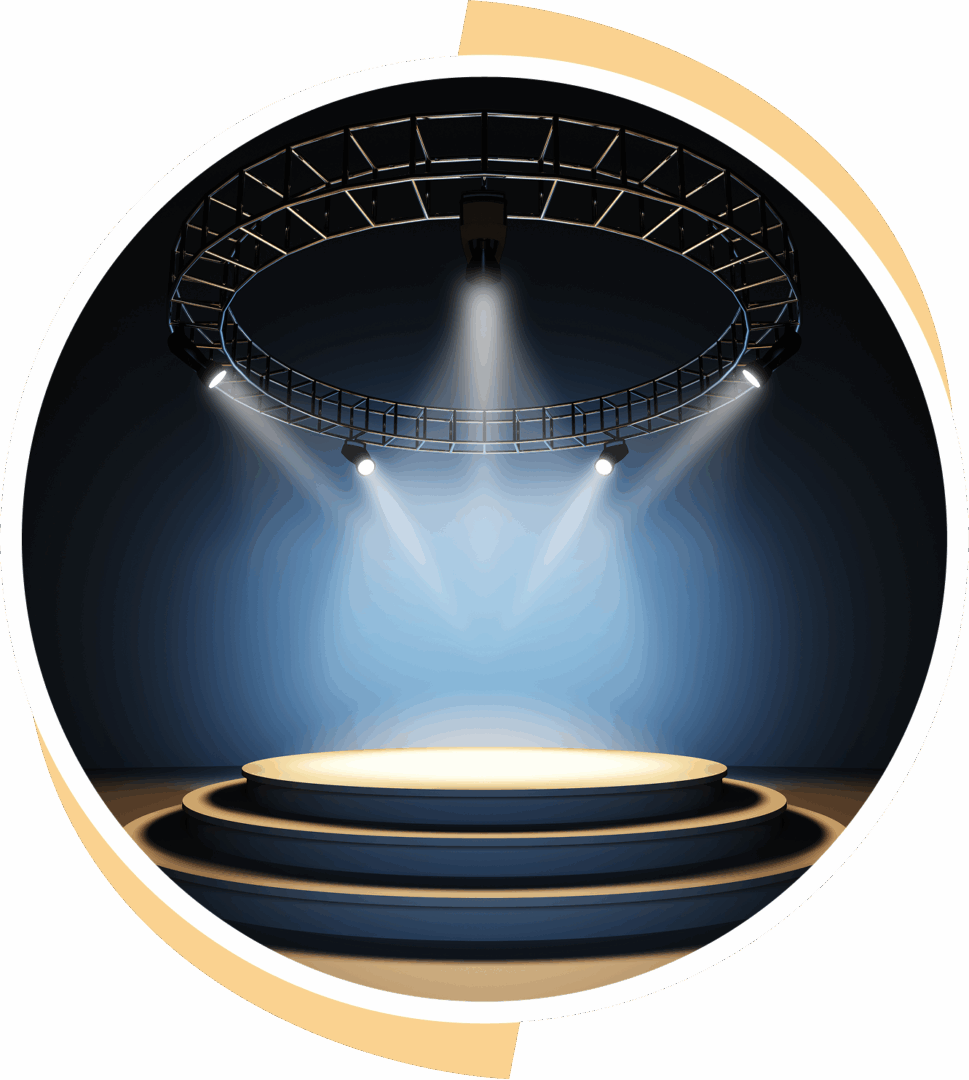 Empty circular stage illuminated by bright spotlights in a dark room.