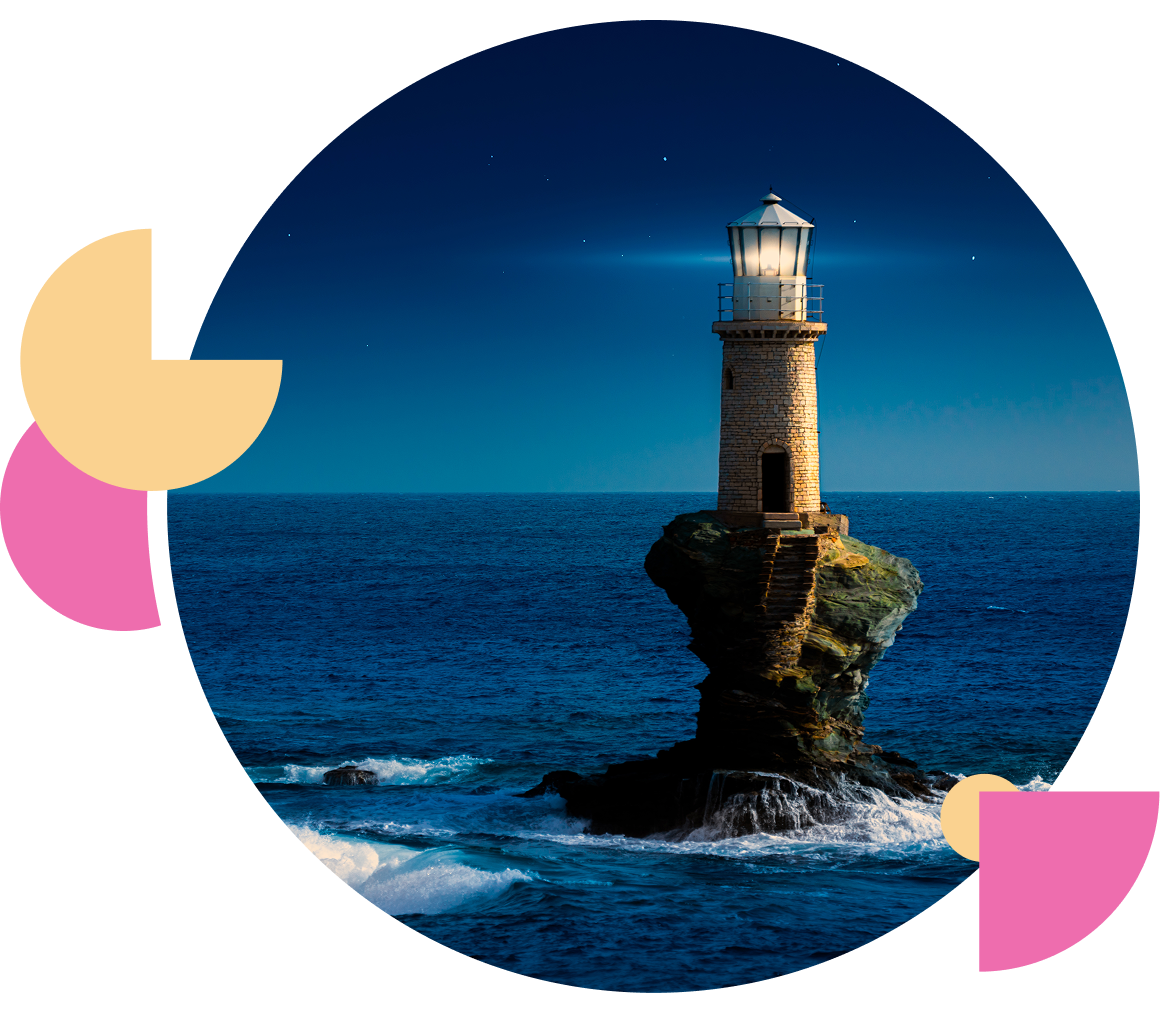 Lighthouse stands on rocky outcrop amid ocean waves at twilight.