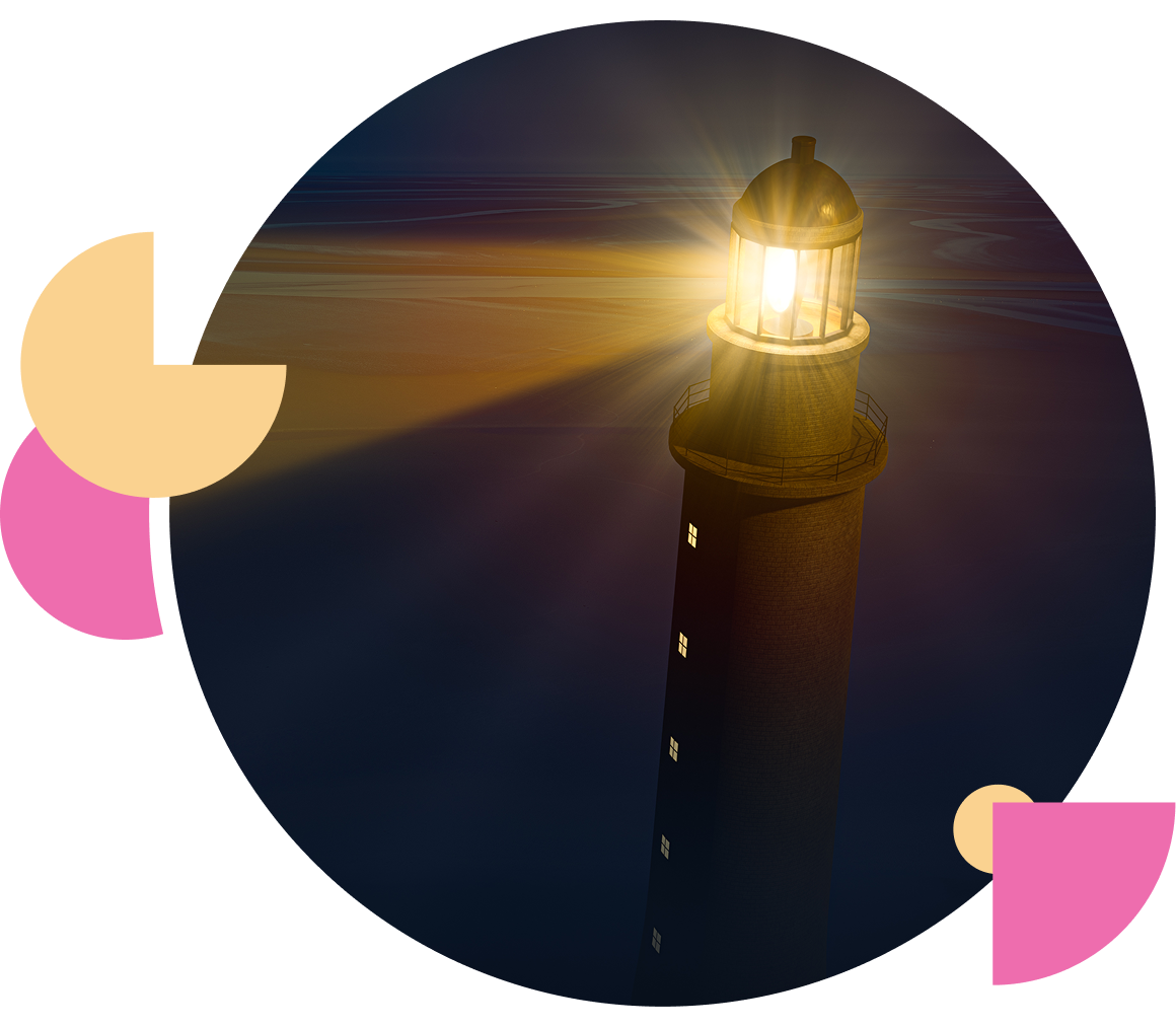 A lighthouse shining its bright light at night.
