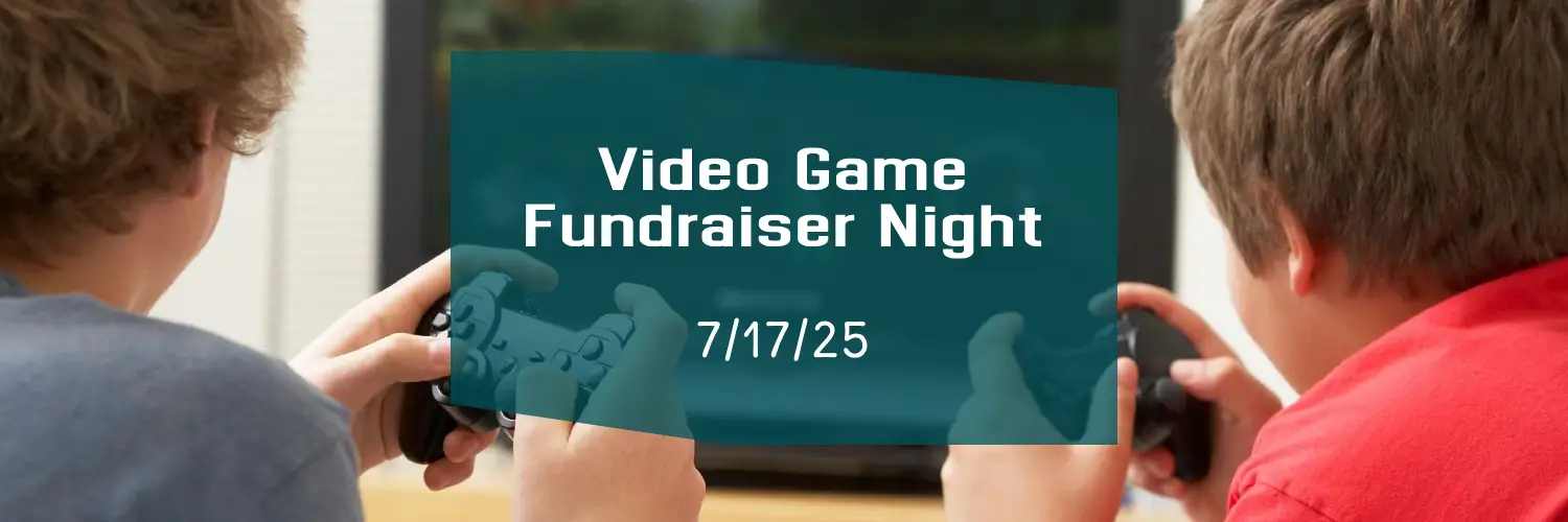 Hands holding a gaming controller with text about a video game fundraiser night on 7/17/25.
